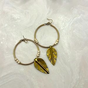 Large Hoop Earrings - brushed / matte gold with off white beads and gold leaf